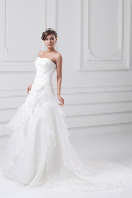 Elegant Strapless Satin Organza Sleeveless A-Line Wedding Dresses 2031174