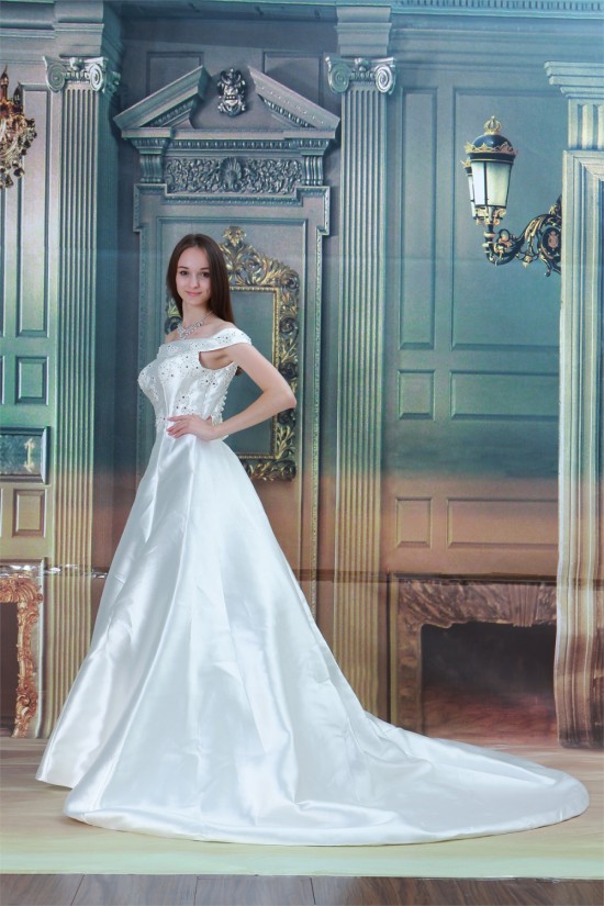 Fantastic A-Line Satin Off-the-Shoulder Sleeveless Beaded Wedding Dresses 2031178