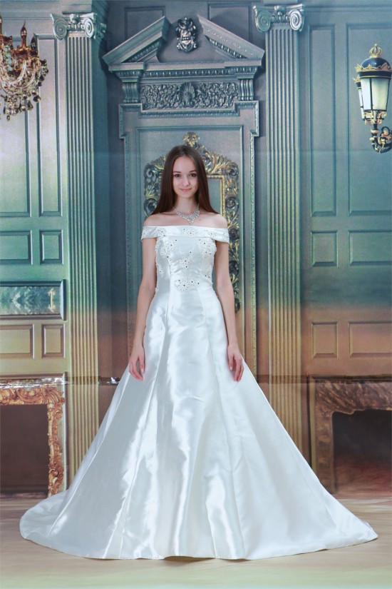 Fantastic A-Line Satin Off-the-Shoulder Sleeveless Beaded Wedding Dresses 2031178