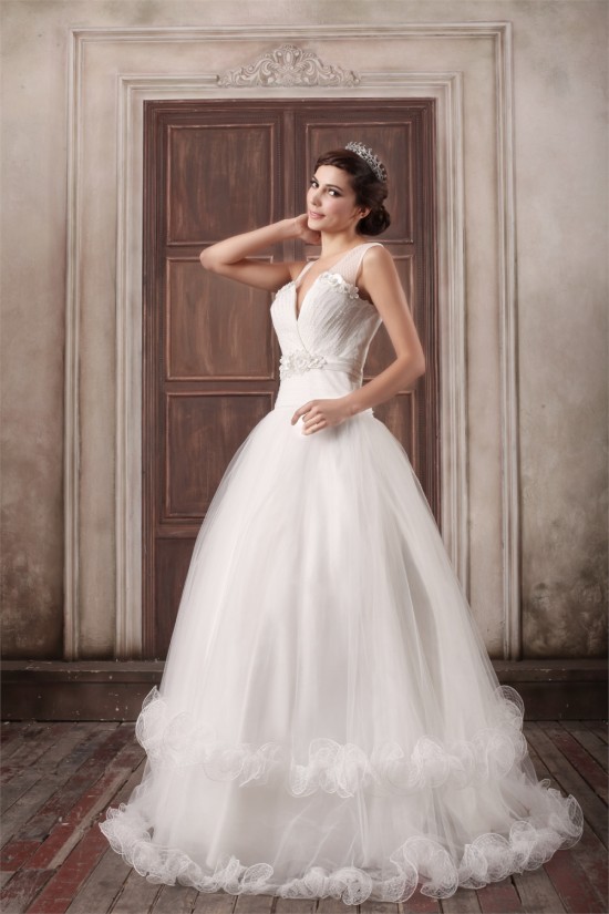 Fantastic V-Neck Princess Satin Fine Netting Wedding Dresses 2031188