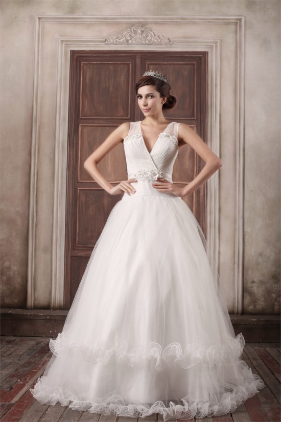 Fantastic V-Neck Princess Satin Fine Netting Wedding Dresses 2031188