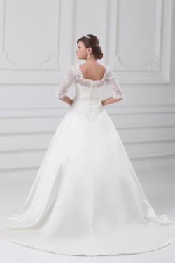 Fantastic V-Neck Satin Lace A-Line Half Elbow Sleeve Wedding Dresses 2031189