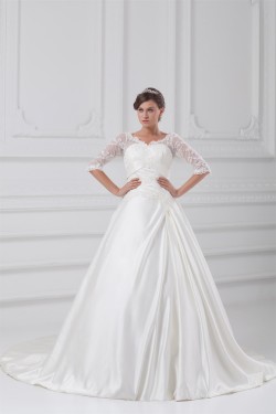 Fantastic V-Neck Satin Lace A-Line Half Elbow Sleeve Wedding Dresses 2031189