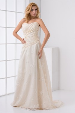 Fashionable Satin Lace Sweetheart A-Line Sleeveless Sweet Wedding Dresses 2031191
