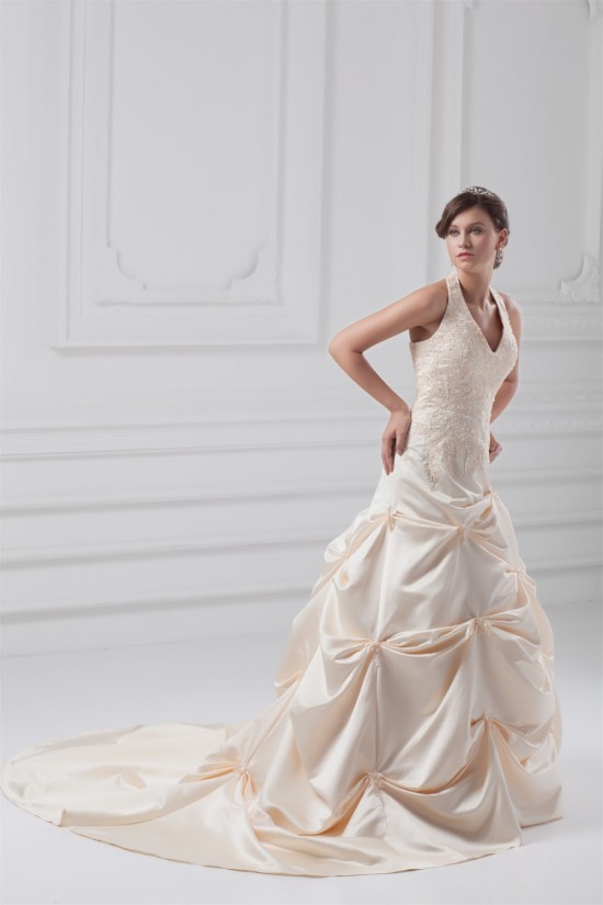 Fashionable Sleeveless Ball Gown Satin Halter Wedding Dresses with Color 2031194