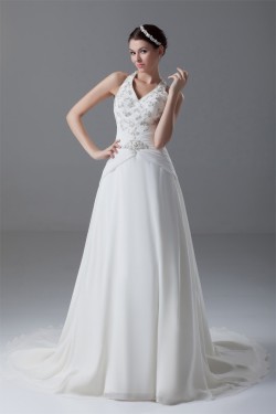 A-Line Chiffon Satin Halter Sleeveless Wedding Dresses 2031198