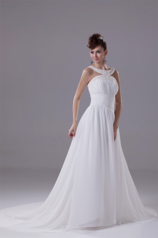 Elegant A-Line Chiffon Silk like Satin Straps Beaded Wedding Dresses 2030120