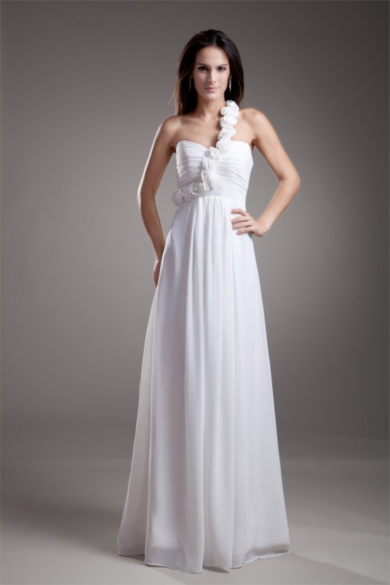 Chiffon Satin One-Shoulder A-Line Sleeveless Floor-Length Wedding Dresses 2031202