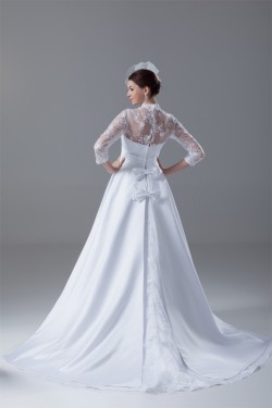 Great Long Sleeve High-Neck Satin Lace A-Line Wedding Dresses 2031214