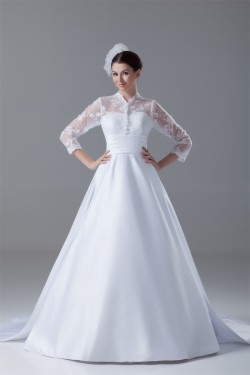Great Long Sleeve High-Neck Satin Lace A-Line Wedding Dresses 2031214