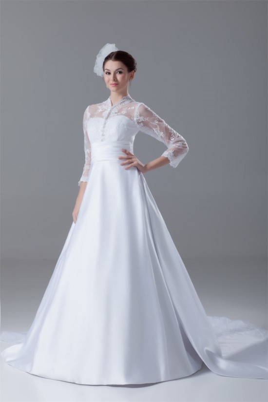 Great Long Sleeve High-Neck Satin Lace A-Line Wedding Dresses 2031214 Great Long Sleeve High-Neck Satin Lace A-Line Wedding Dresses 2031214