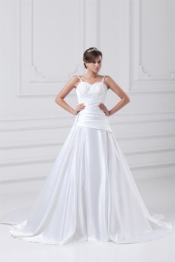 Great Sleeveless A-Line Satin Spaghetti Straps Lace Wedding Dresses 2031216