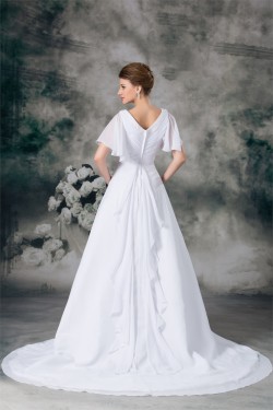 Half Elbow Sleeve A-Line V-Neck Chiffon Satin Beaded Wedding Dresses 2031218