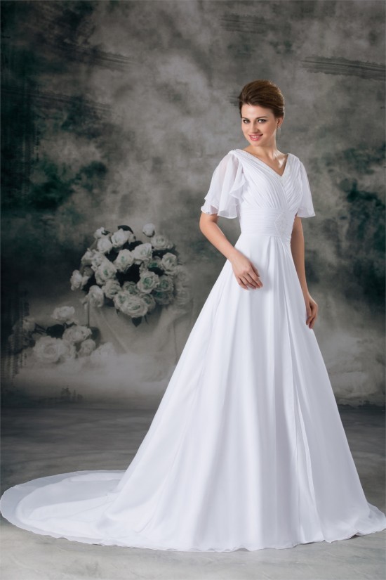 Half Elbow Sleeve A-Line V-Neck Chiffon Satin Beaded Wedding Dresses 2031218 Half Elbow Sleeve A-Line V-Neck Chiffon Satin Beaded Wedding Dresses 2031218