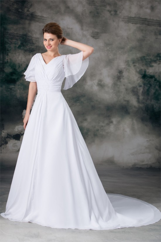 Half Elbow Sleeve A-Line V-Neck Chiffon Satin Beaded Wedding Dresses 2031218 Half Elbow Sleeve A-Line V-Neck Chiffon Satin Beaded Wedding Dresses 2031218