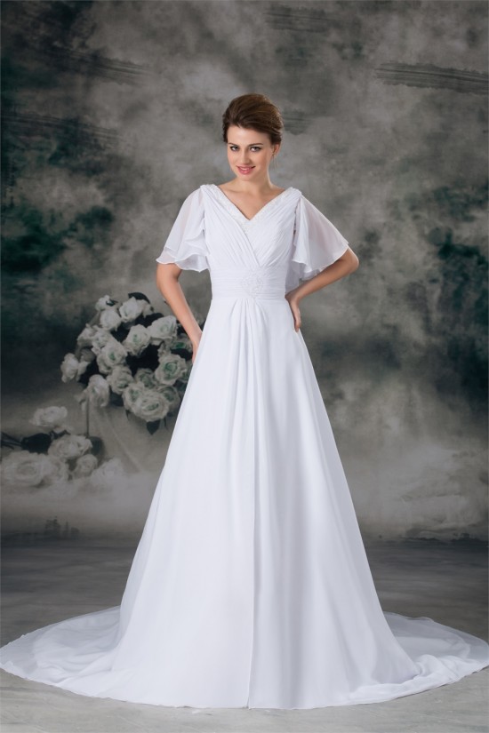 Half Elbow Sleeve A-Line V-Neck Chiffon Satin Beaded Wedding Dresses 2031218 Half Elbow Sleeve A-Line V-Neck Chiffon Satin Beaded Wedding Dresses 2031218
