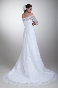 Half Elbow Sleeve Satin Lace A-Line Off-the-Shoulder Embellished Wedding Dresses 2031219