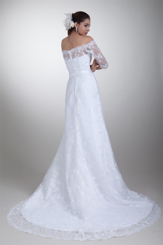 Half Elbow Sleeve Satin Lace A-Line Off-the-Shoulder Embellished Wedding Dresses 2031219 Half Elbow Sleeve Satin Lace A-Line Off-the-Shoulder Embellished Wedding Dresses 2031219