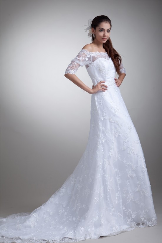 Half Elbow Sleeve Satin Lace A-Line Off-the-Shoulder Embellished Wedding Dresses 2031219 Half Elbow Sleeve Satin Lace A-Line Off-the-Shoulder Embellished Wedding Dresses 2031219