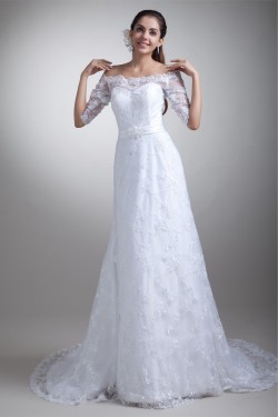 Half Elbow Sleeve Satin Lace A-Line Off-the-Shoulder Embellished Wedding Dresses 2031219