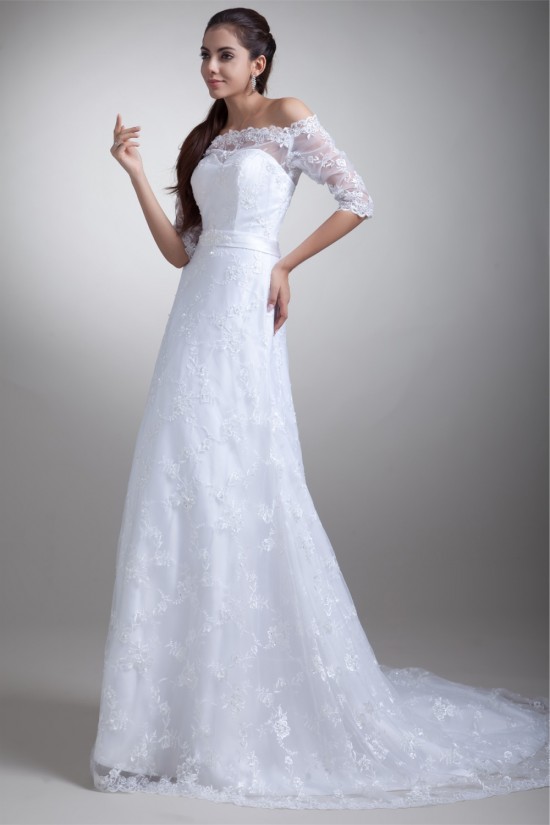 Half Elbow Sleeve Satin Lace A-Line Off-the-Shoulder Embellished Wedding Dresses 2031219 Half Elbow Sleeve Satin Lace A-Line Off-the-Shoulder Embellished Wedding Dresses 2031219