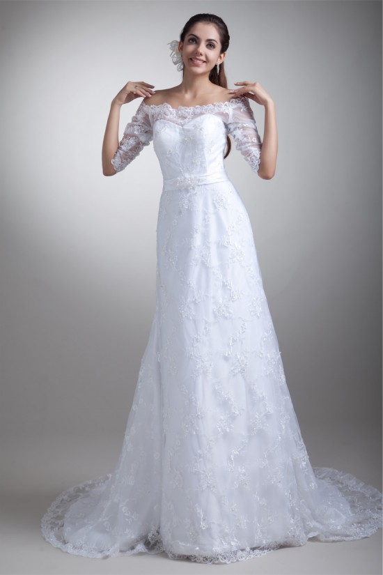 Half Elbow Sleeve Satin Lace A-Line Off-the-Shoulder Embellished Wedding Dresses 2031219 Half Elbow Sleeve Satin Lace A-Line Off-the-Shoulder Embellished Wedding Dresses 2031219