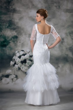 Half Elbow Sleeve Square Satin Lace Fine Netting Trumpet/Mermaid Wedding Dresses 2031220