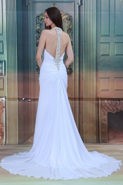 Halter Sleeveless Chiffon Satin Sheath/Column Beaded Wedding Dresses 2031221