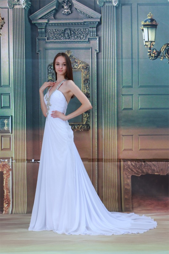 Halter Sleeveless Chiffon Satin Sheath/Column Beaded Wedding Dresses 2031221 Halter Sleeveless Chiffon Satin Sheath/Column Beaded Wedding Dresses 2031221