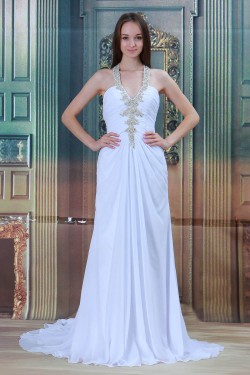 Halter Sleeveless Chiffon Satin Sheath/Column Beaded Wedding Dresses 2031221