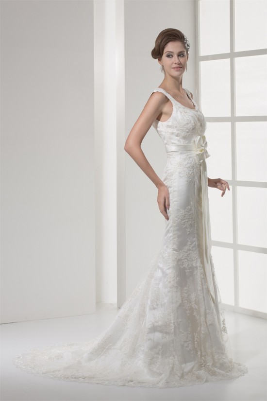 Elegant Scoop Mermaid/Trumpet Satin Lace Sleeveless Wedding Dresses 2030123