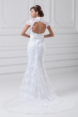 Mermaid/Trumpet Short Sleeve V-Neck Satin Lace Wedding Dresses 2031234