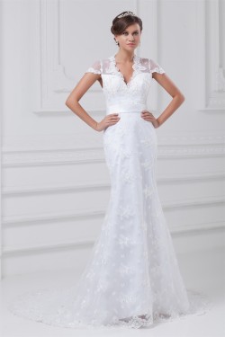 Mermaid/Trumpet Short Sleeve V-Neck Satin Lace Wedding Dresses 2031234