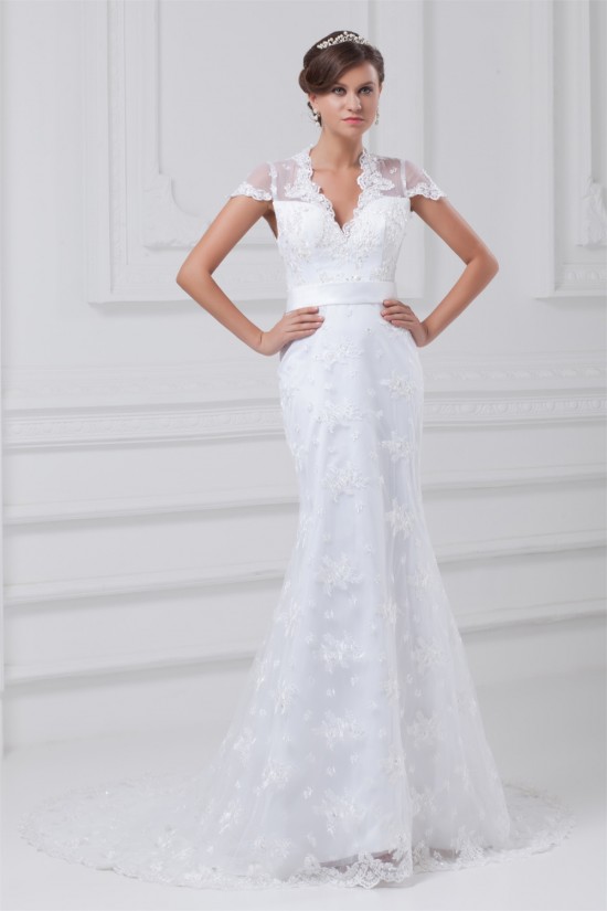 Mermaid/Trumpet Short Sleeve V-Neck Satin Lace Wedding Dresses 2031234