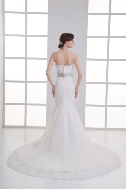 Elegant Mermaid/Trumpet Strapless Satin Lace Fine Netting Wedding Dresses with Color 2031239
