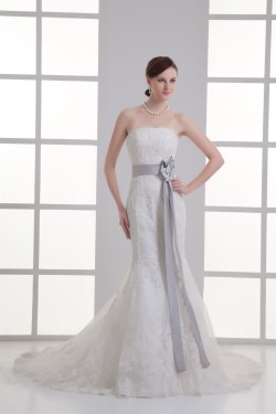 Elegant Mermaid/Trumpet Strapless Satin Lace Fine Netting Wedding Dresses with Color 2031239