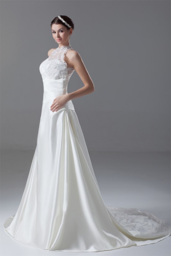 New Arrival Satin Lace A-Line High-Neck Sleeveless Wedding Dresses 2031247 New Arrival Satin Lace A-Line High-Neck Sleeveless Wedding Dresses 2031247