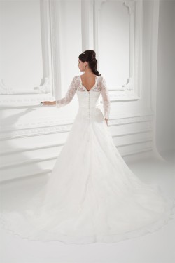 New Style A-Line Long Sleeve V-Neck Satin Organza Lace Wedding Dresses 2031258