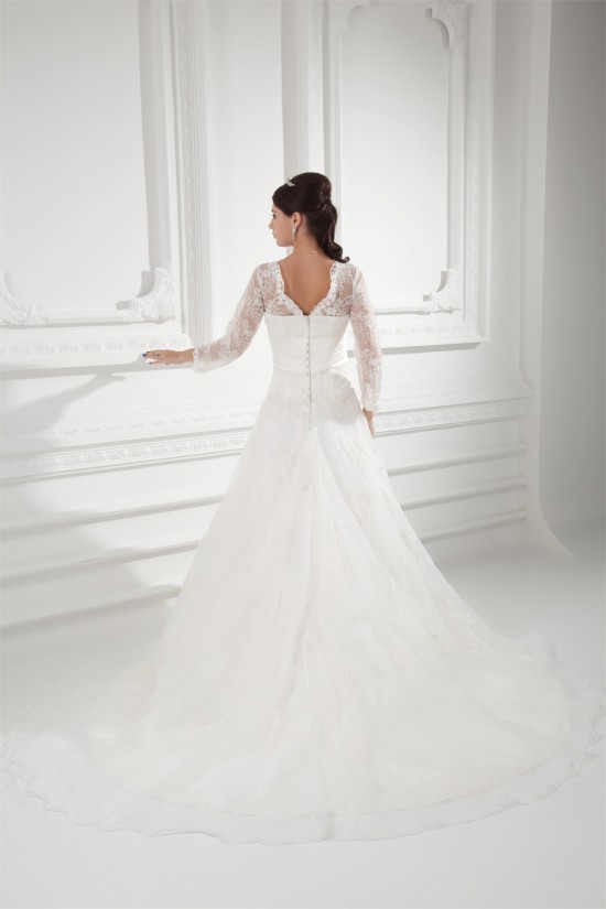New Style A-Line Long Sleeve V-Neck Satin Organza Lace Wedding Dresses 2031258 New Style A-Line Long Sleeve V-Neck Satin Organza Lace Wedding Dresses 2031258