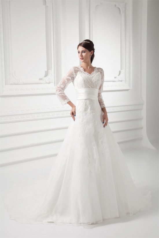 New Style A-Line Long Sleeve V-Neck Satin Organza Lace Wedding Dresses 2031258 New Style A-Line Long Sleeve V-Neck Satin Organza Lace Wedding Dresses 2031258