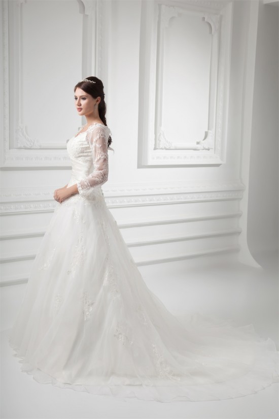 New Style A-Line Long Sleeve V-Neck Satin Organza Lace Wedding Dresses 2031258 New Style A-Line Long Sleeve V-Neck Satin Organza Lace Wedding Dresses 2031258