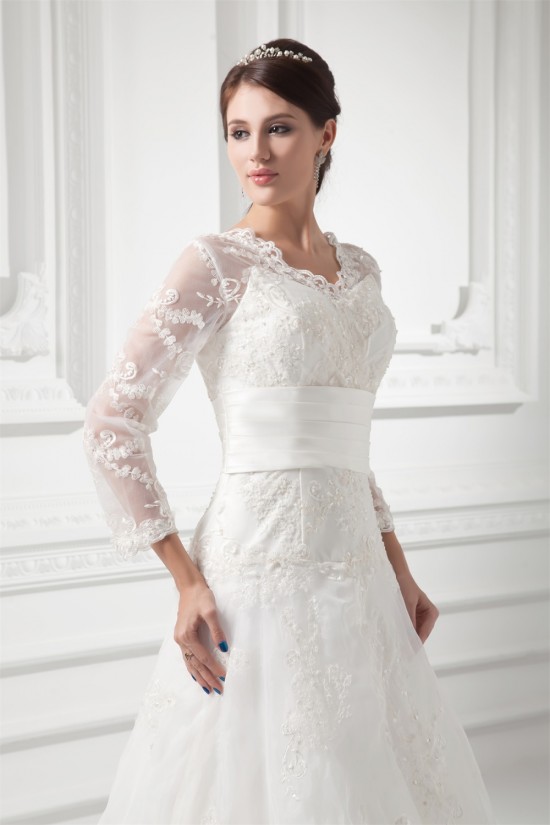 New Style A-Line Long Sleeve V-Neck Satin Organza Lace Wedding Dresses 2031258 New Style A-Line Long Sleeve V-Neck Satin Organza Lace Wedding Dresses 2031258