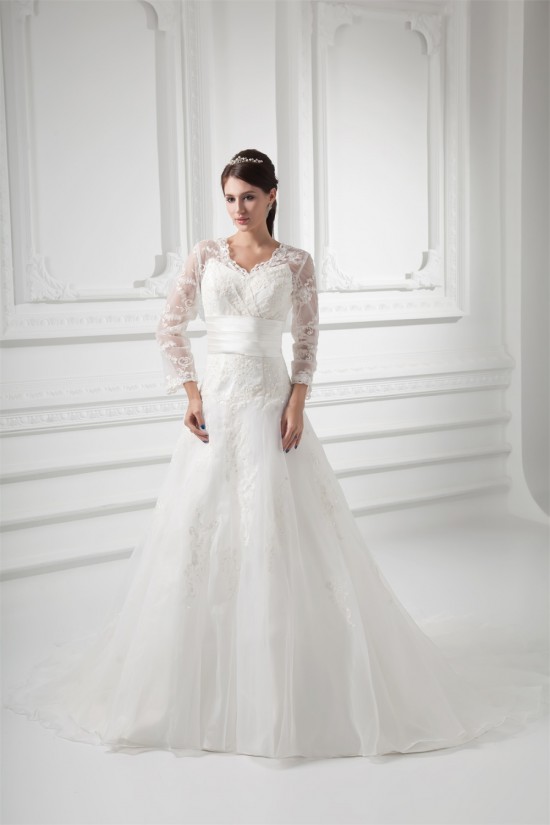 New Style A-Line Long Sleeve V-Neck Satin Organza Lace Wedding Dresses 2031258 New Style A-Line Long Sleeve V-Neck Satin Organza Lace Wedding Dresses 2031258