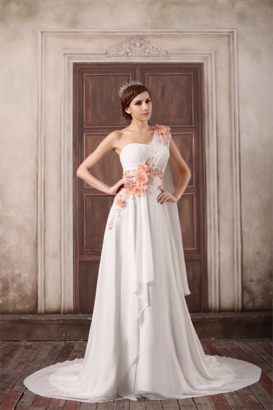 One-Shoulder A-Line Sleeveless Chiffon Satin Wedding Dresses with Jackets 2031262