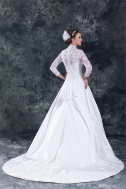 Satin Lace A-Line 3/4 Length Sleeve V-Neck Embellished Wedding Dresses 2031266