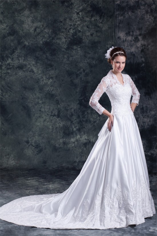 Satin Lace A-Line 3/4 Length Sleeve V-Neck Embellished Wedding Dresses 2031266 Satin Lace A-Line 3/4 Length Sleeve V-Neck Embellished Wedding Dresses 2031266