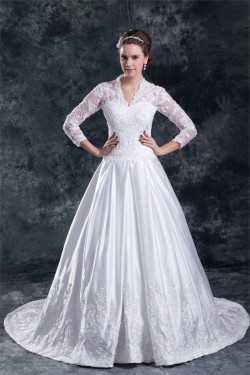 Satin Lace A-Line 3/4 Length Sleeve V-Neck Embellished Wedding Dresses 2031266