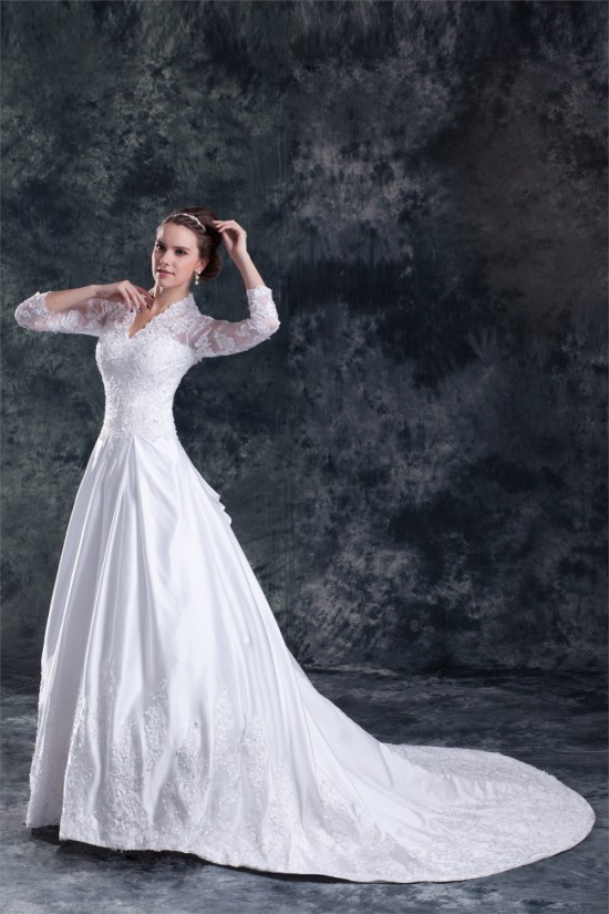 Satin Lace A-Line 3/4 Length Sleeve V-Neck Embellished Wedding Dresses 2031266 Satin Lace A-Line 3/4 Length Sleeve V-Neck Embellished Wedding Dresses 2031266