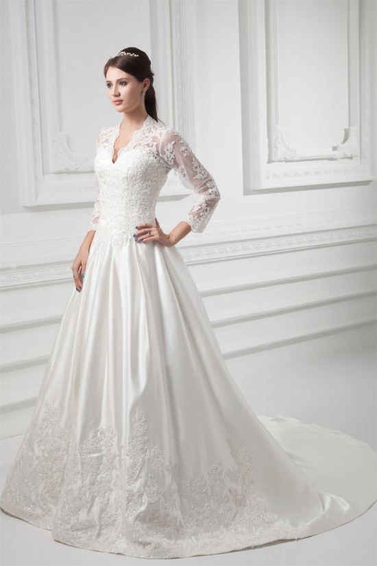 Satin Lace Fine Netting 3/4 Length Sleeve V-Neck New Arrival Wedding Dresses 2031269 Satin Lace Fine Netting 3/4 Length Sleeve V-Neck New Arrival Wedding Dresses 2031269