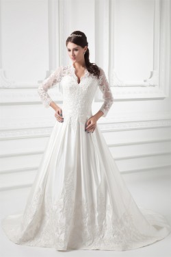 Satin Lace Fine Netting 3/4 Length Sleeve V-Neck New Arrival Wedding Dresses 2031269
